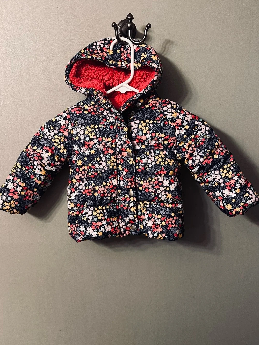 Carter's Navy Floral Puffer Jacket with Red Sherpa Lining